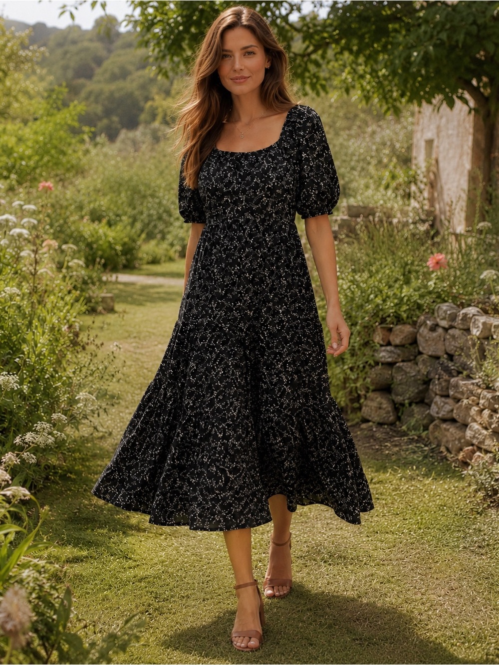 NWT Orange Creek Margot Black Floral Puff Sleeve Midi Dress M
